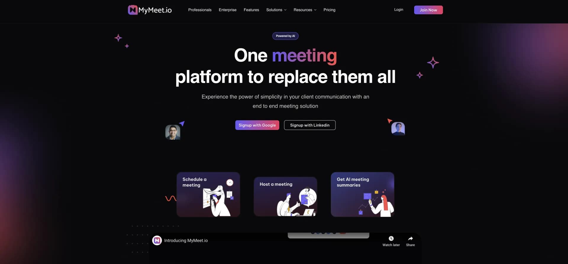 MyMeet.io homepage screenshot — Smart meeting scheduling for enhanced productivity.