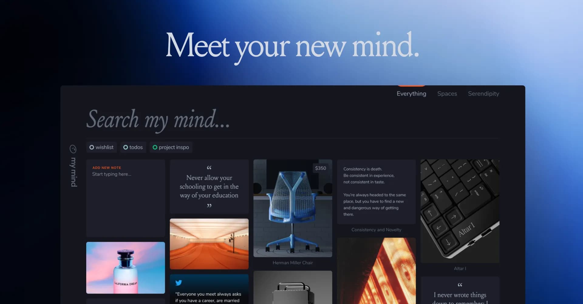 mymind homepage screenshot — Remember everything. Organize nothing.
