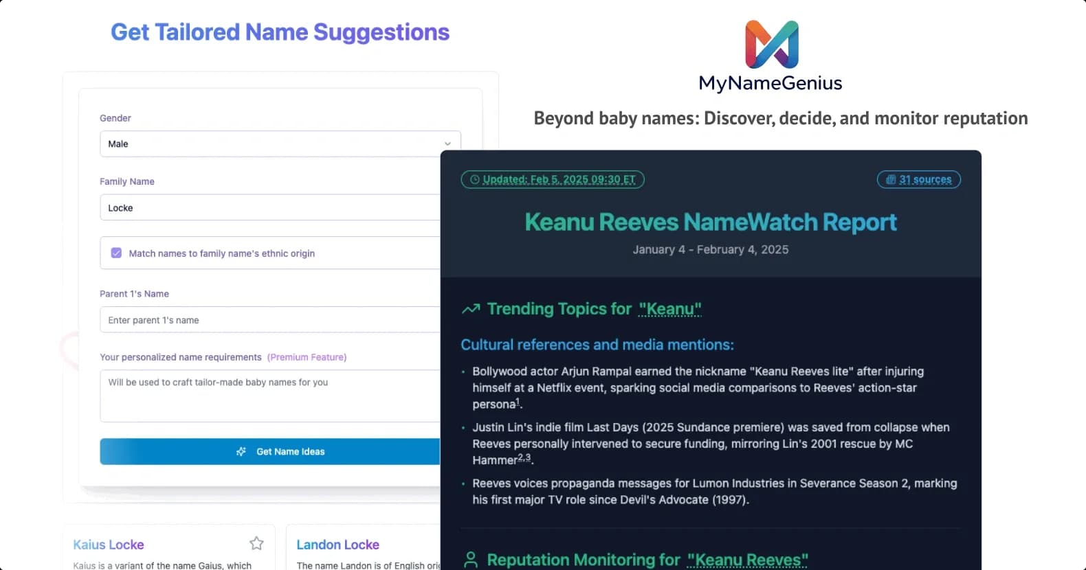 myNameGenius homepage screenshot — Beyond baby names: Discover, decide, and monitor reputation 