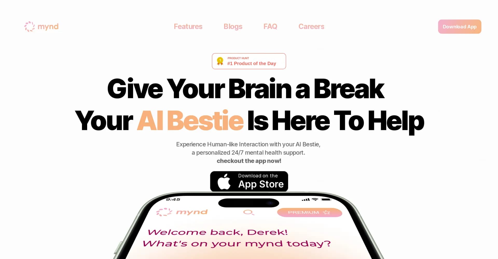MYND AI homepage screenshot — 24/7 AI Bestie for mental health support