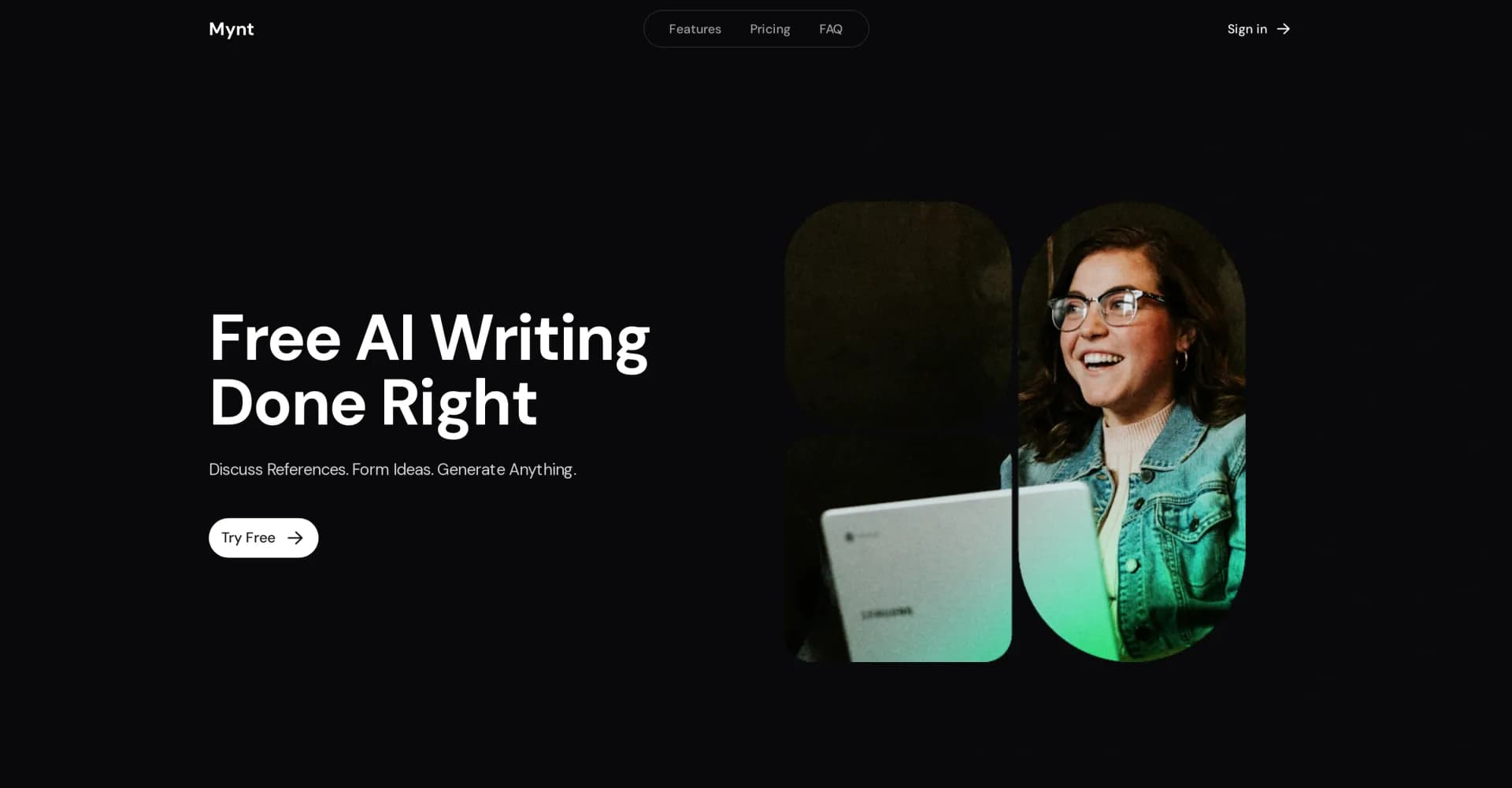 Mynt homepage screenshot — Generate anything with AI from your data