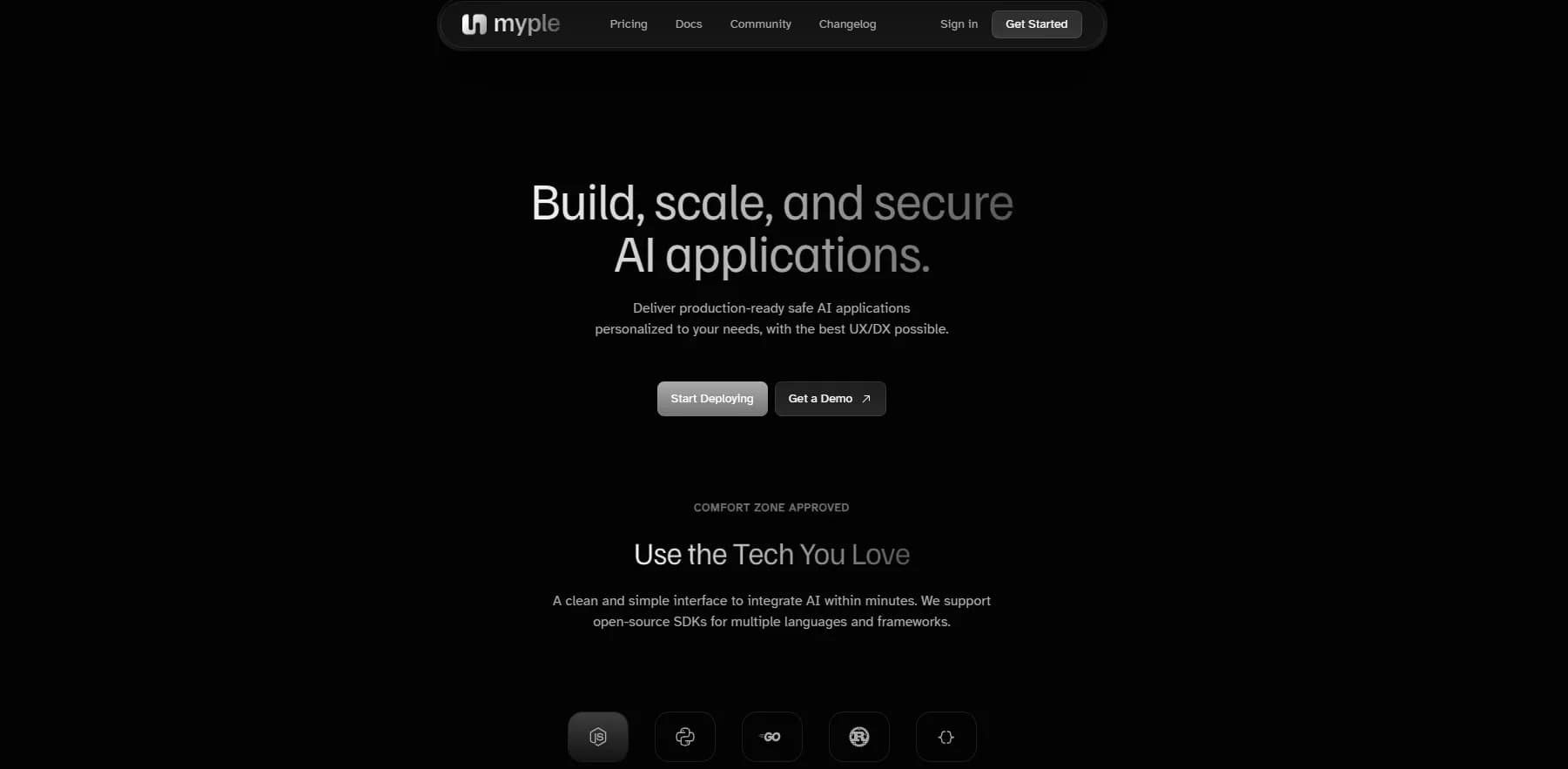 Myple homepage screenshot — Build, scale, and secure AI applications