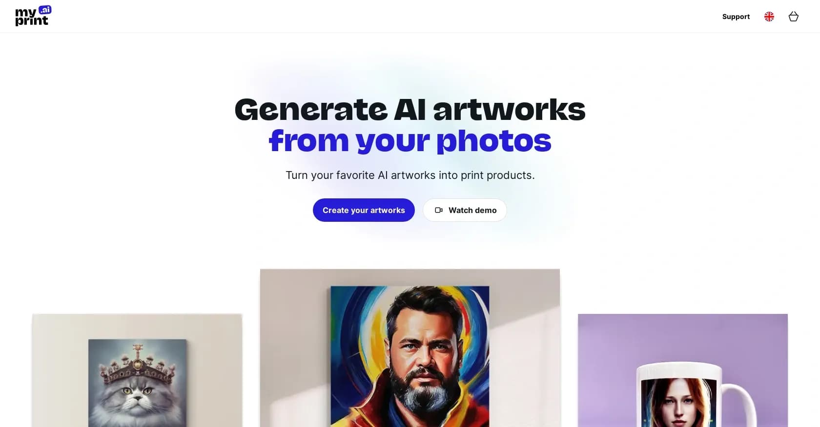 MyPrint.ai homepage screenshot — Personalized artworks with print options.