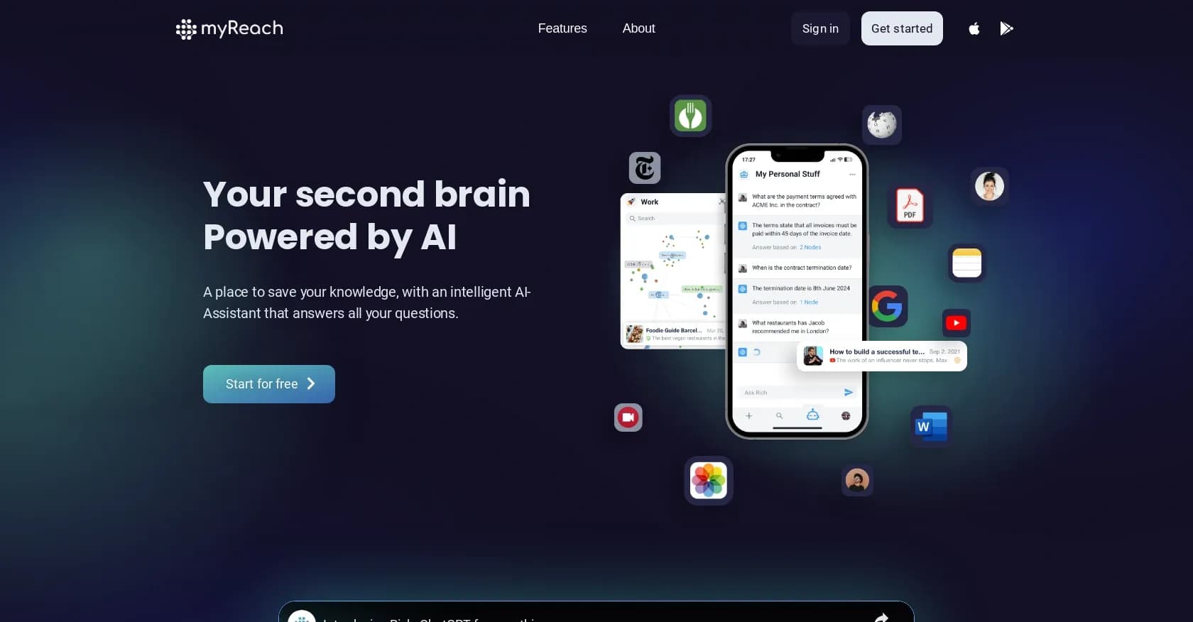 myReach homepage screenshot — Efficient personal knowledge organization and retrieval