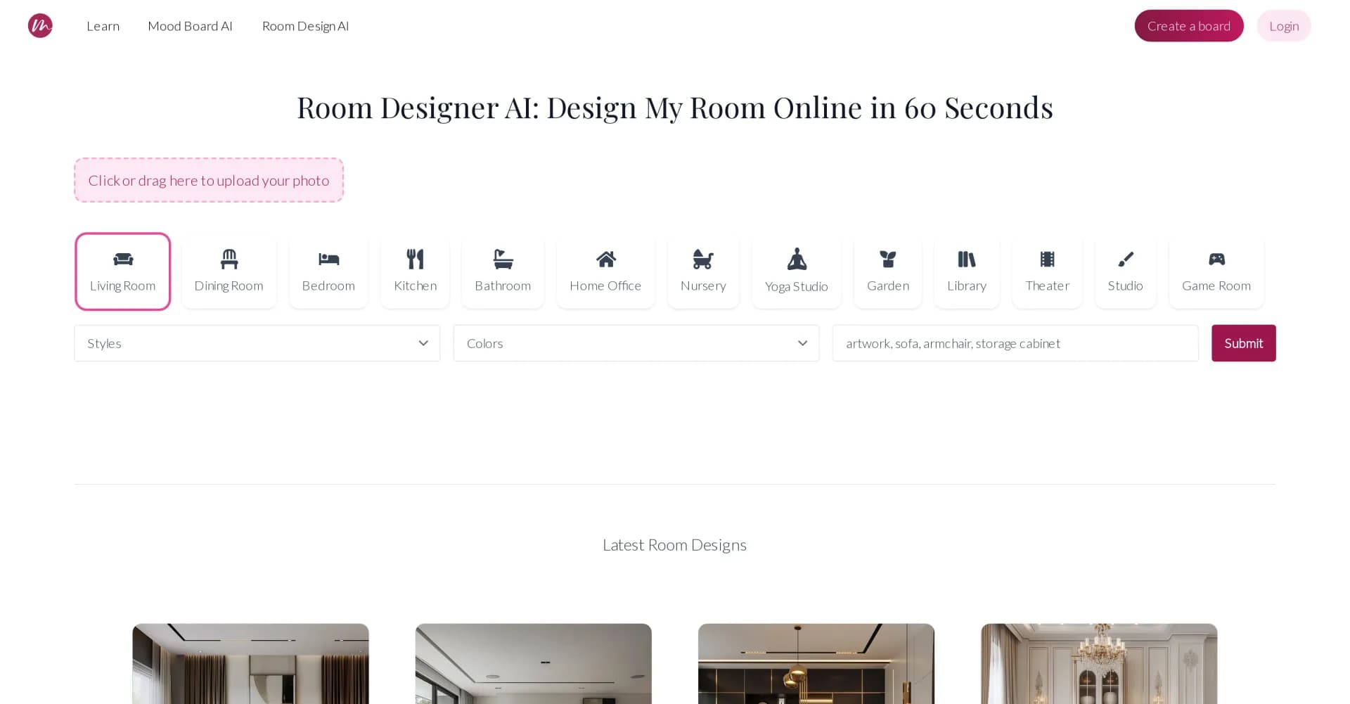 MyRoomDesigner homepage screenshot — Transform any room with AI-powered interior design.