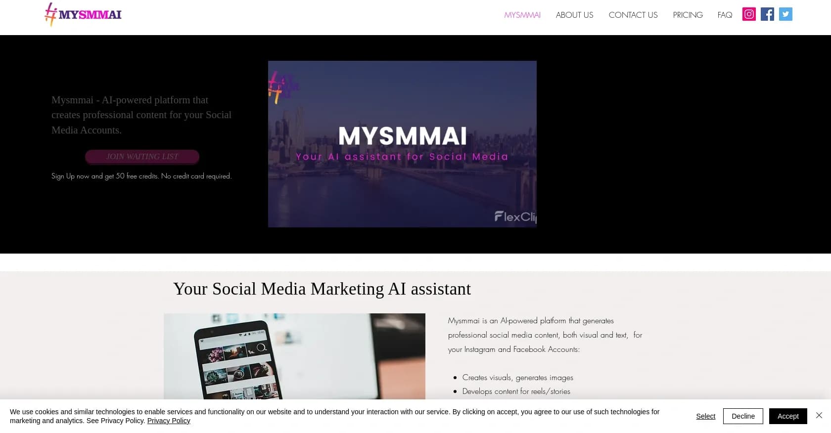 MYSMMAI homepage screenshot — AI-powered social media content creation and scheduling.