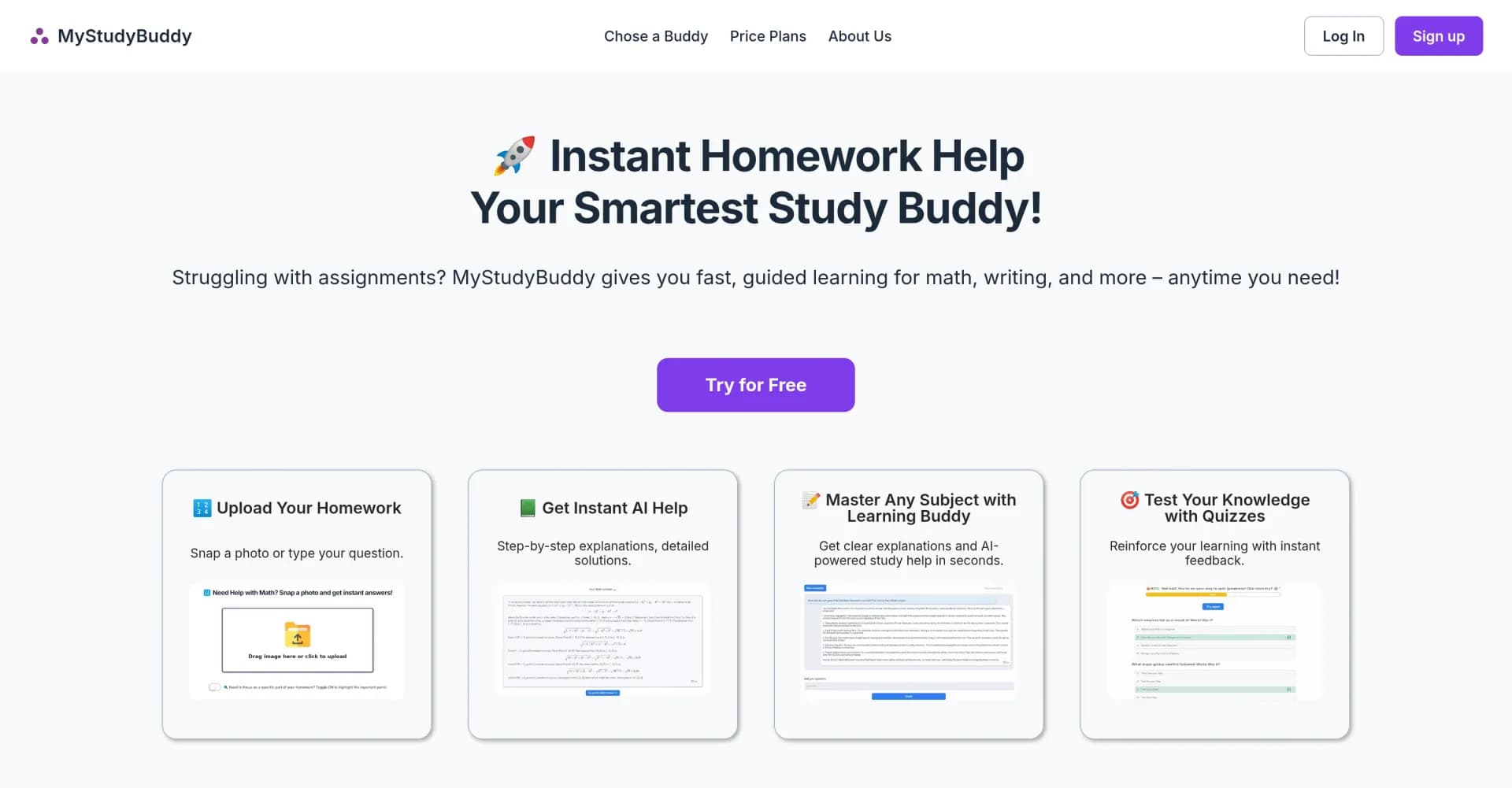 MyStudyBuddy homepage screenshot — AI-powered homework help to make you smarter, faster.