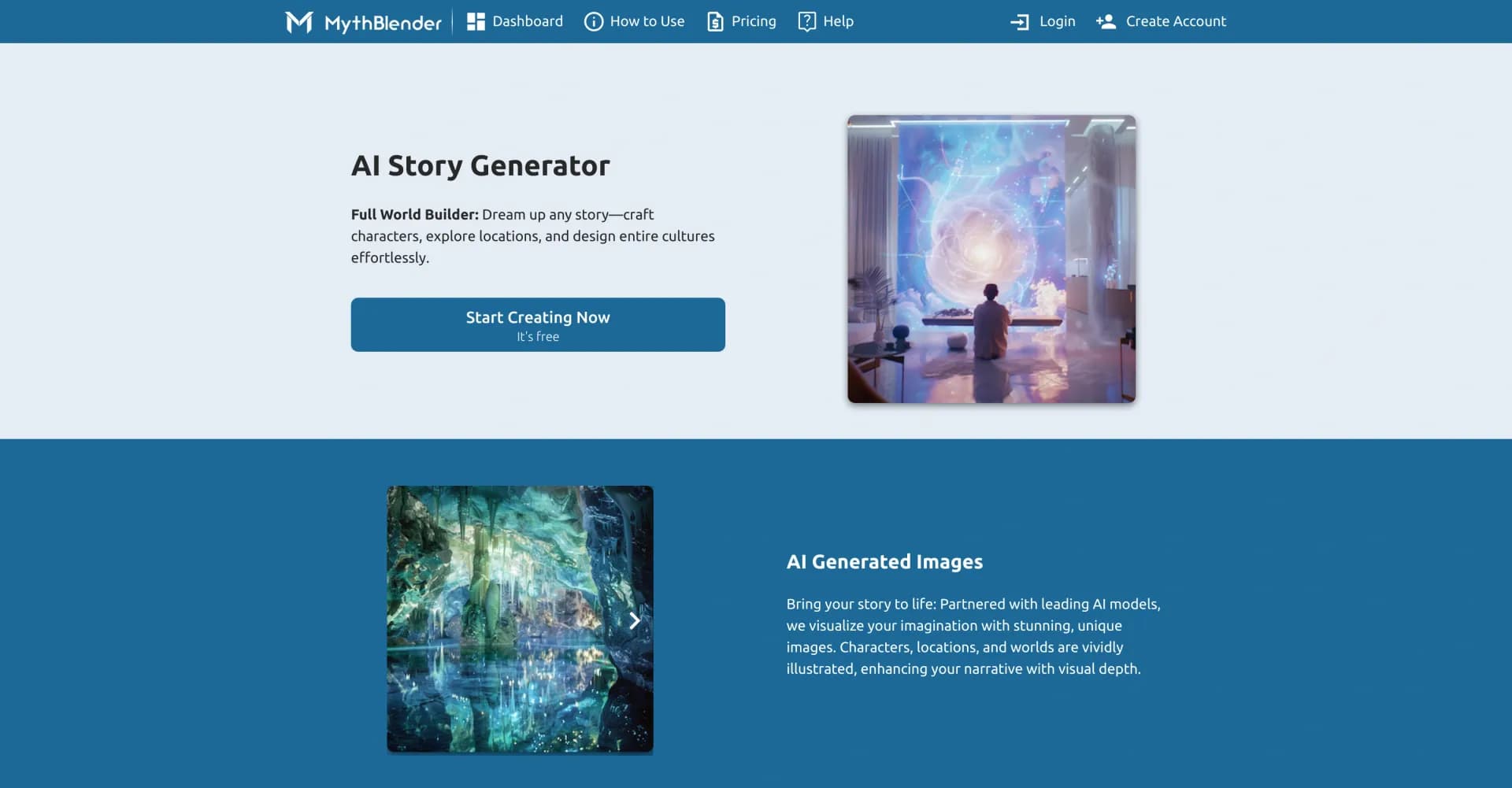 MythBlender homepage screenshot — Blend myths into captivating new stories.