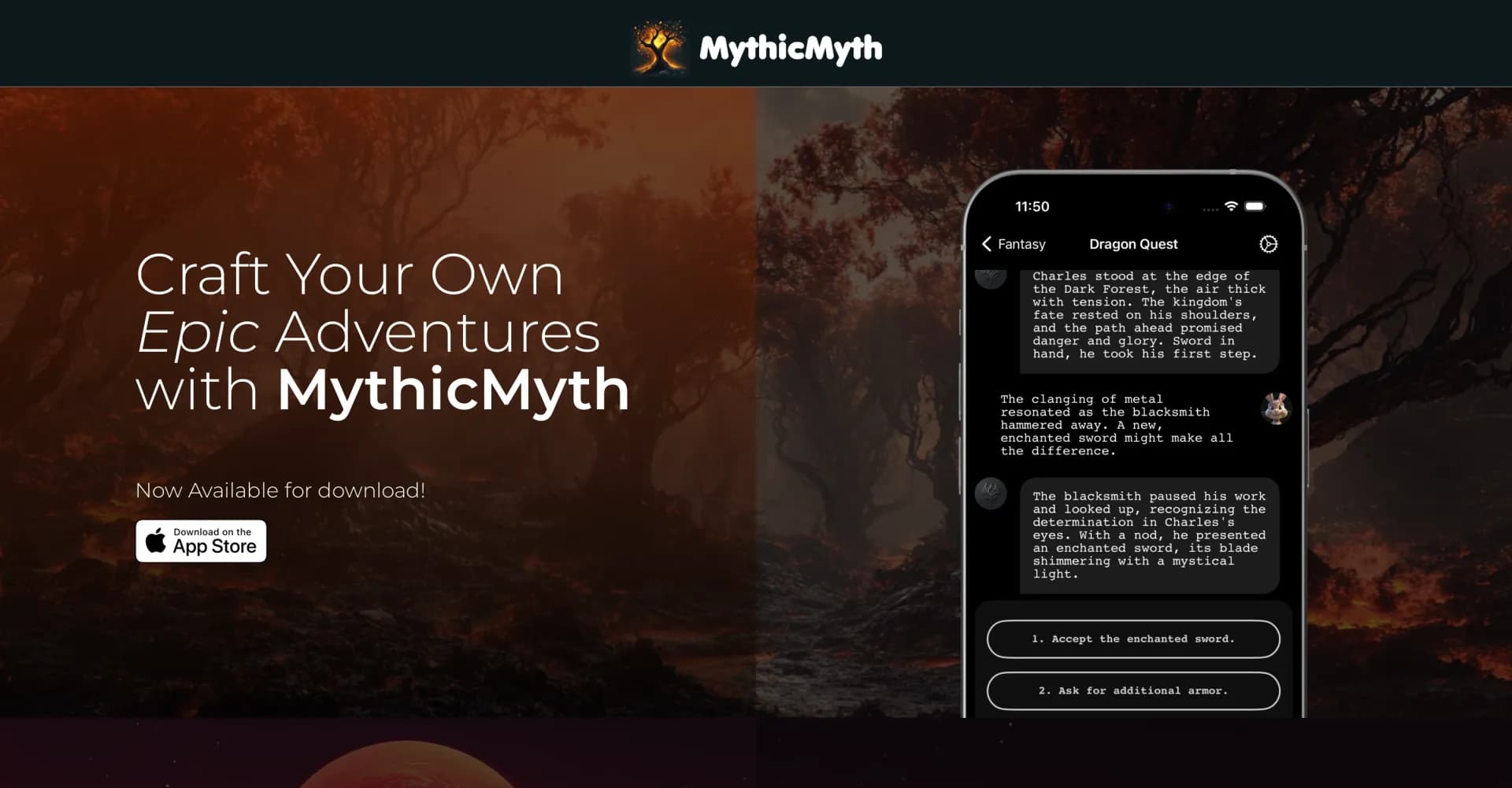 MythicMyth homepage screenshot — Craft epic adventures with AI-powered storytelling.