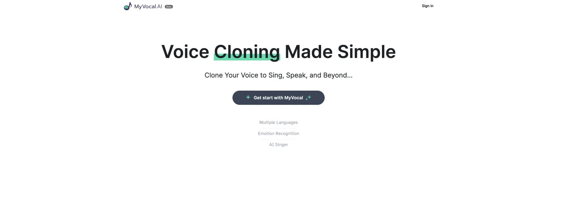 Myvocal homepage screenshot — Clone your voice for singing and speaking in 60 seconds.