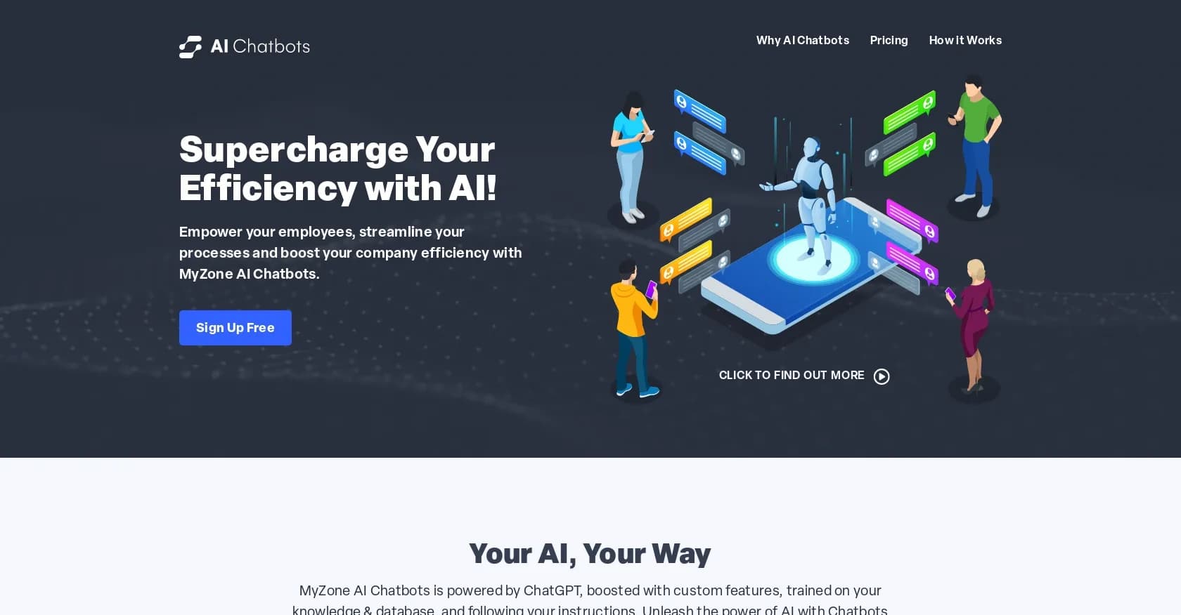 Myzone homepage screenshot — Supercharge efficiency with custom AI chatbots.