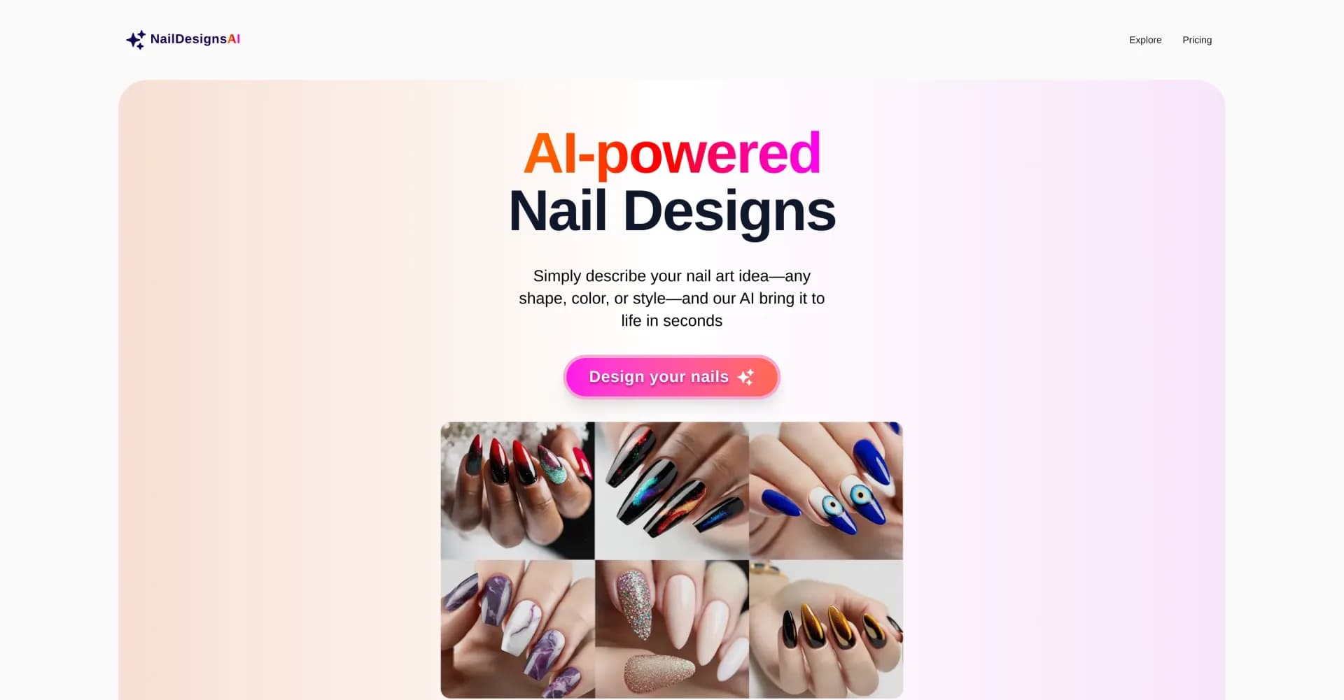 NailDesignsAI homepage screenshot — AI turns nail art ideas into stunning designs instantly.
