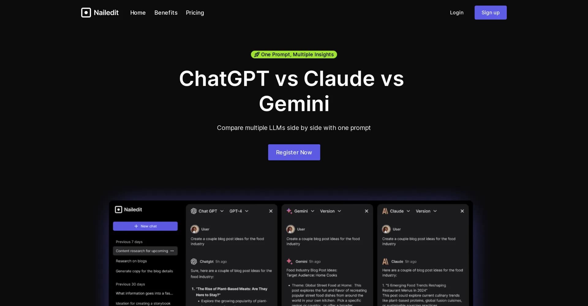 Nailedit homepage screenshot — Compare multiple LLMs side by side with one prompt.