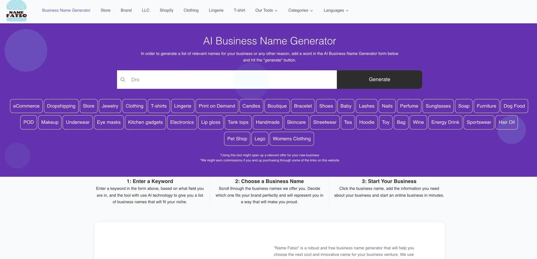 Name Fatso homepage screenshot — AI-powered business name ideas in seconds.