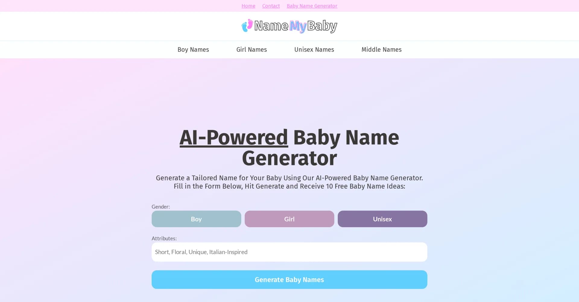 Name My Baby homepage screenshot — AI-powered baby name magic at your fingertips.