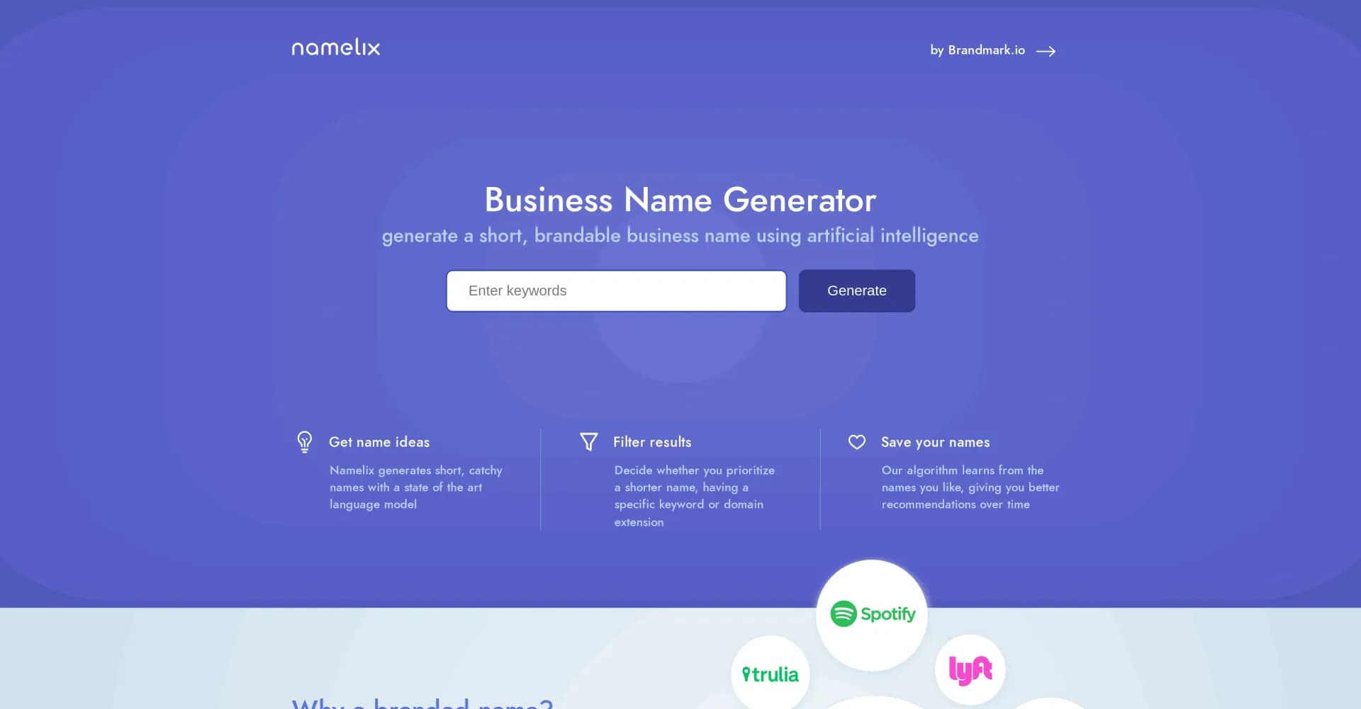 Namelix homepage screenshot — Generate short, brandable business names with AI.