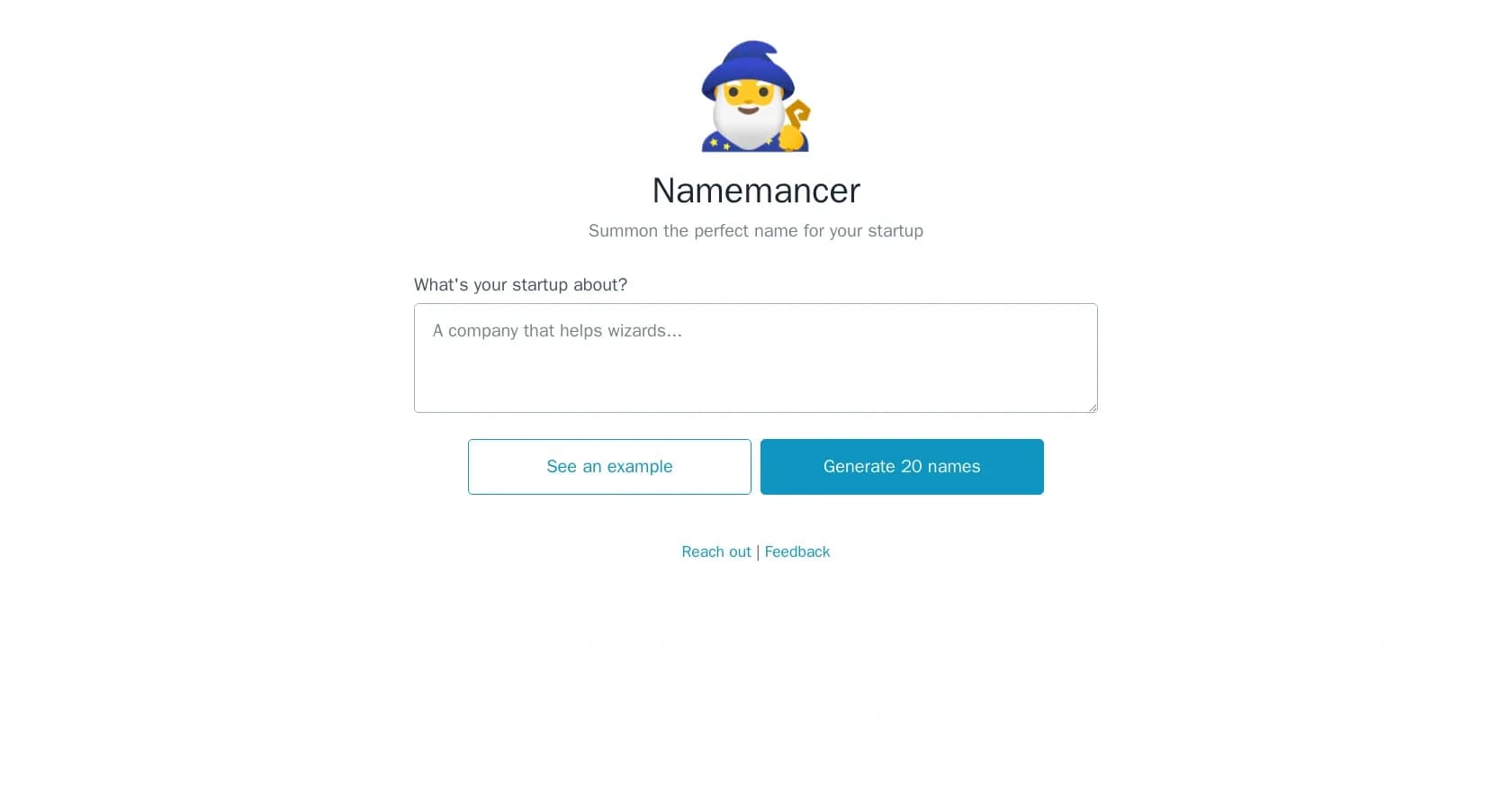 Namemancer homepage screenshot — Conjure the perfect startup name with AI magic