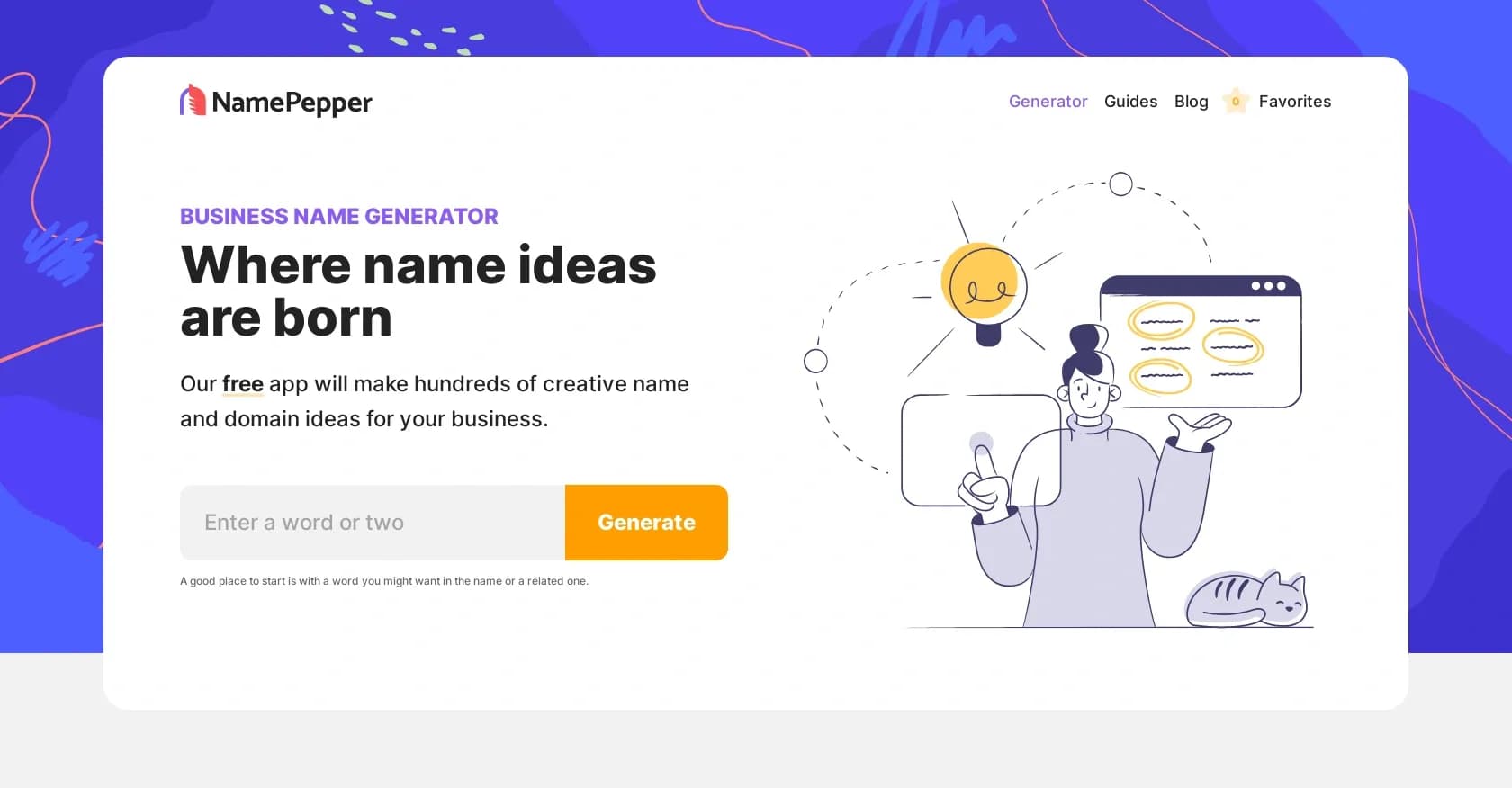 NamePepper homepage screenshot — Push button, get name ideas.