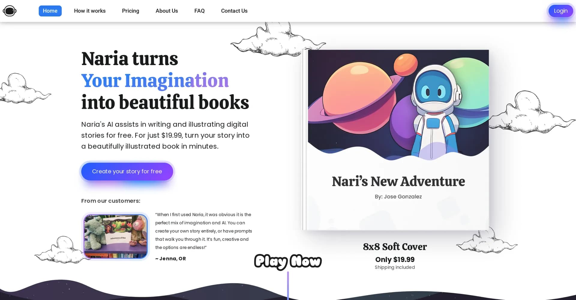 Naria homepage screenshot — Turn your imagination into beautiful books.