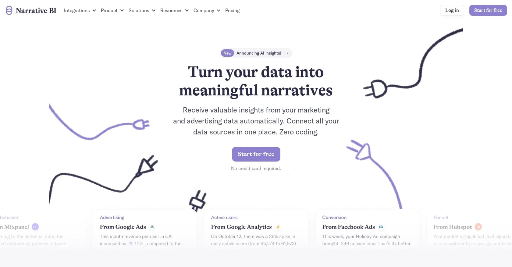 Narrative BI homepage screenshot — Augmented analytics for growth teams