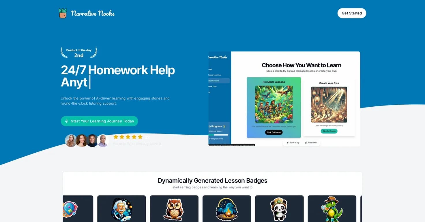 Narrative Nooks homepage screenshot — AI-powered learning through engaging stories and tutoring.