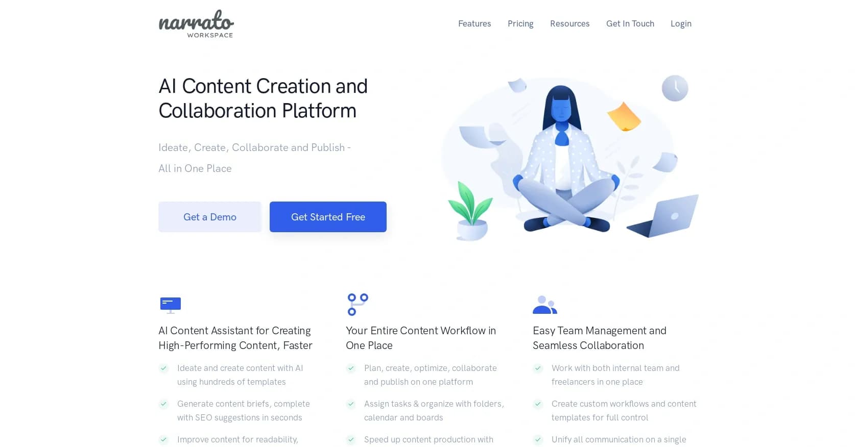 Narrato homepage screenshot — AI-powered content creation and workflow in one place