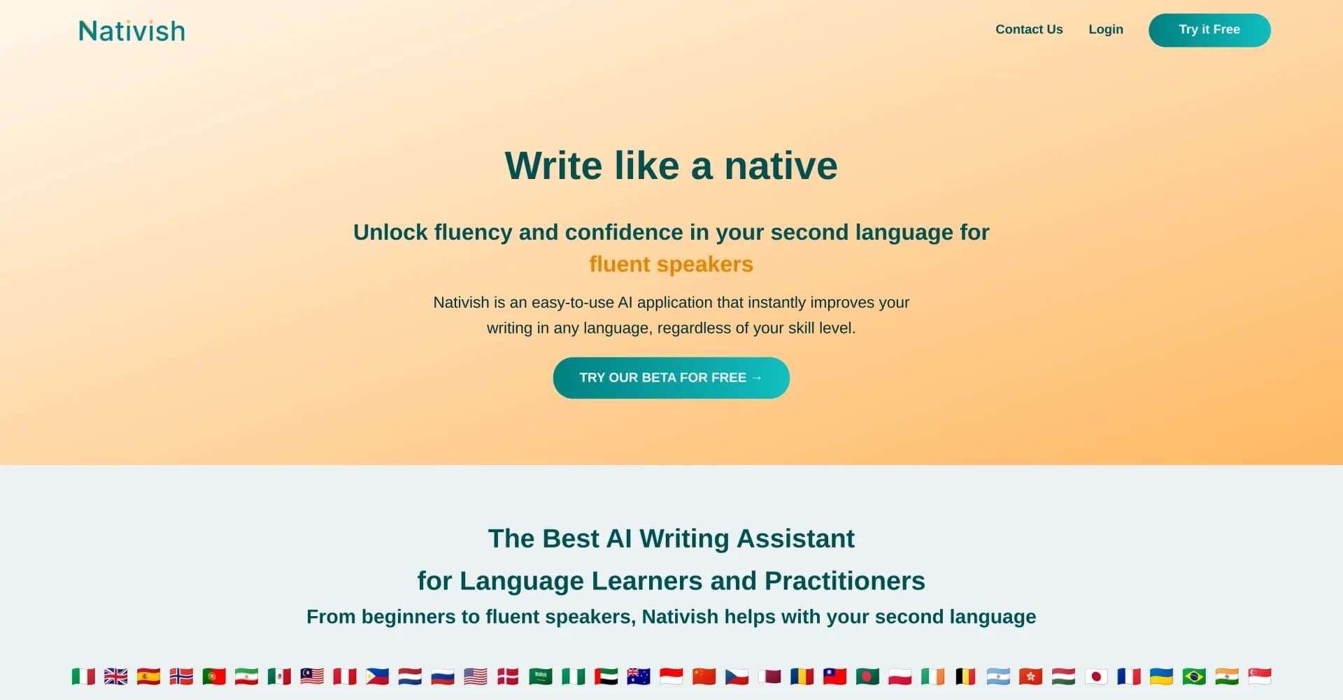 Nativish homepage screenshot — Write fluently in any second language with AI.