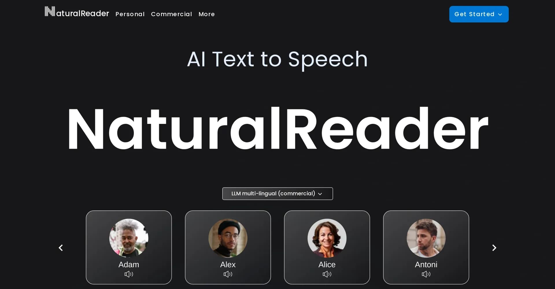 NaturalReader homepage screenshot — Convert text to lifelike speech with AI voices.