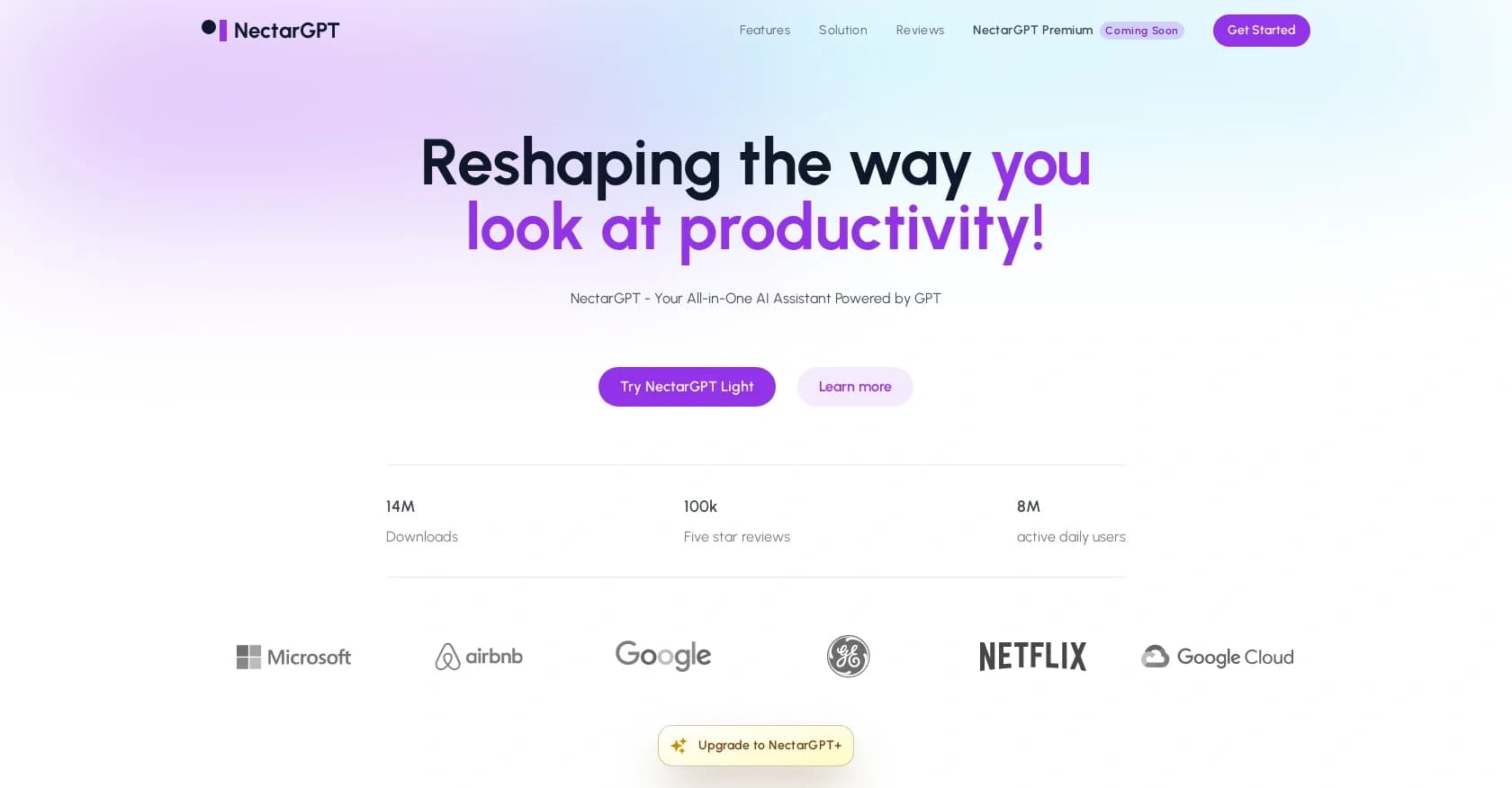 NectarGPT homepage screenshot — AI assistant extension to supercharge your productivity.