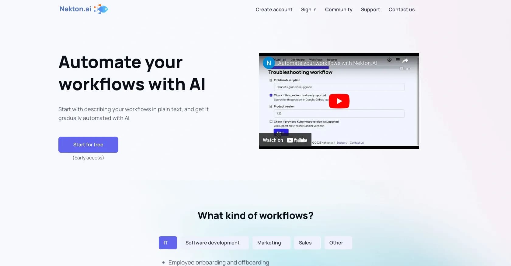 Nekton homepage screenshot — Automate workflows with AI-powered text input