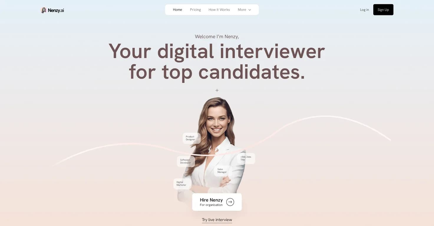 Nenzy AI homepage screenshot — Your digital interviewer for top candidates.