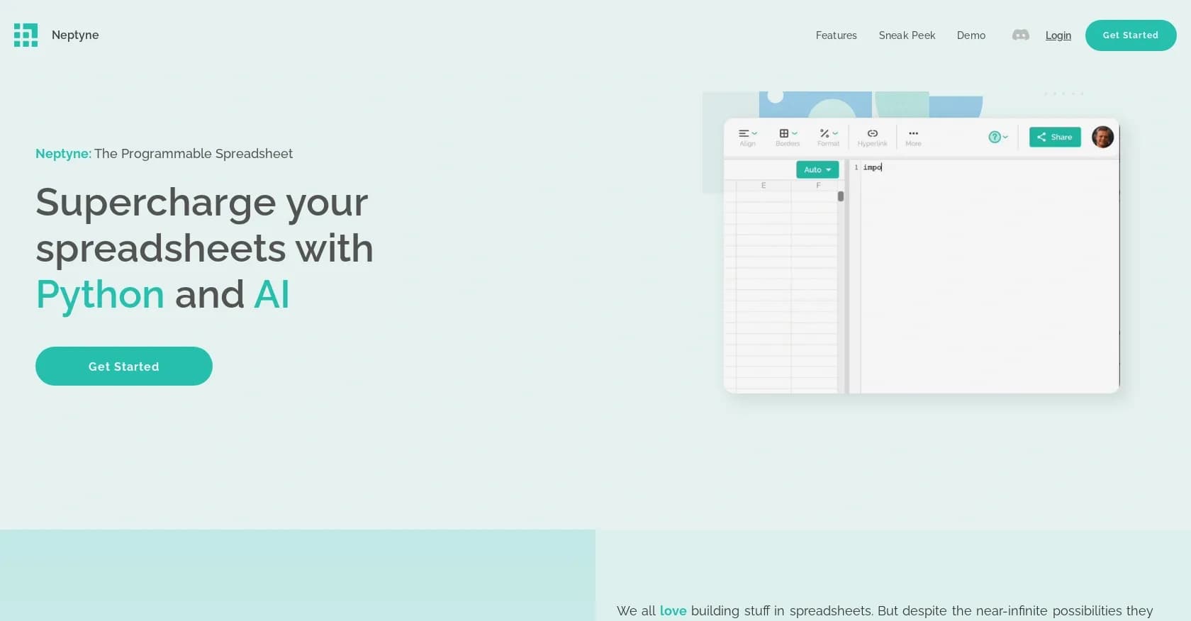Neptyne homepage screenshot — Supercharge spreadsheets with Python and AI