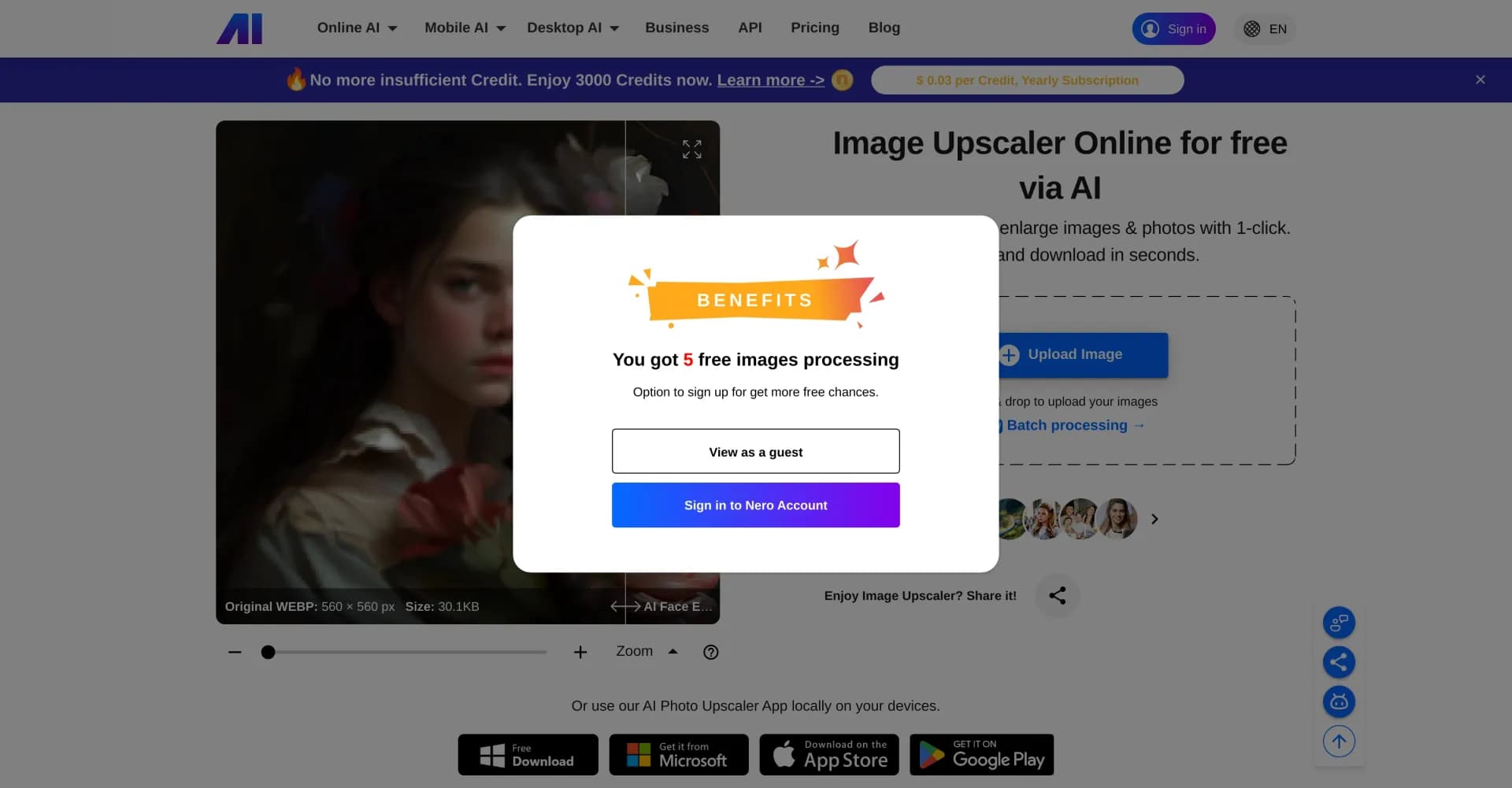 AI Image Upscaler homepage screenshot — Upscale and enhance images with 1-click.