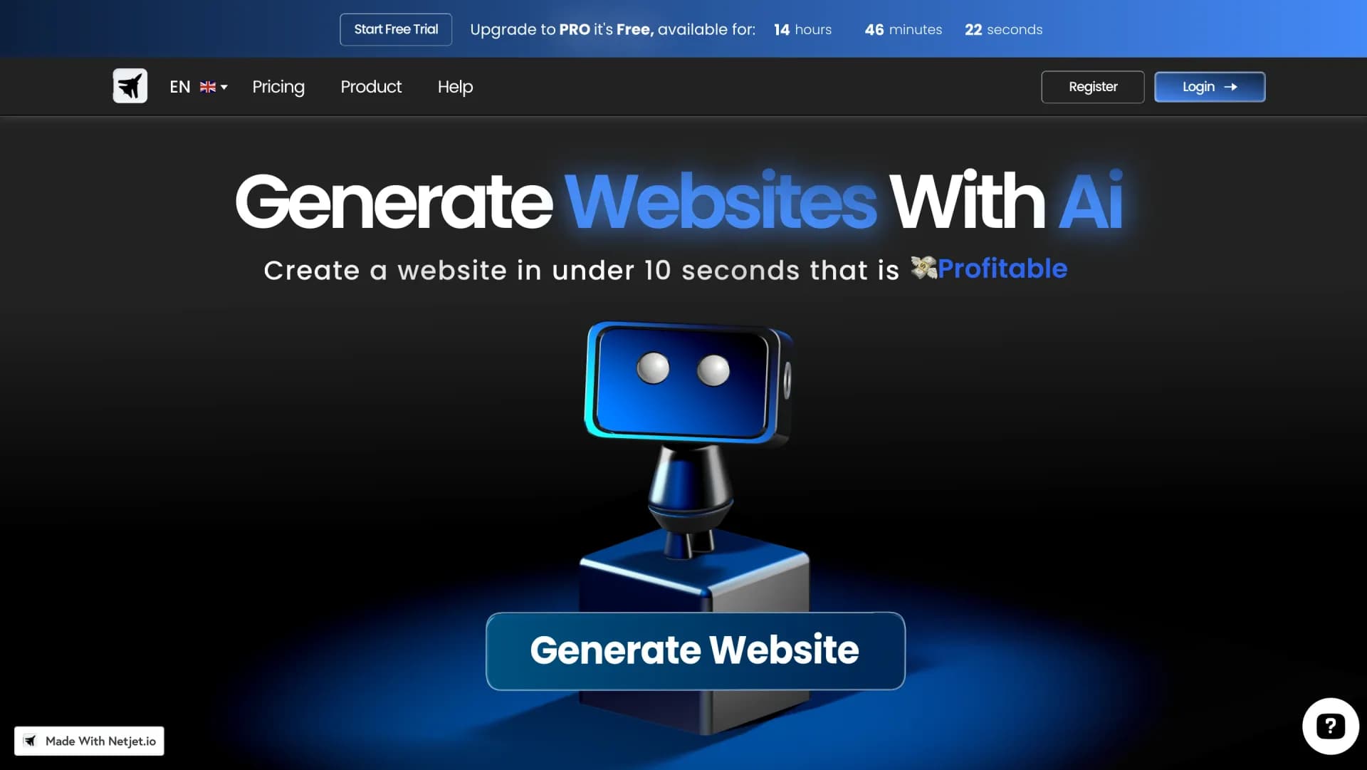 Netjet.io homepage screenshot — Build stunning websites for free - Ai website generator and 