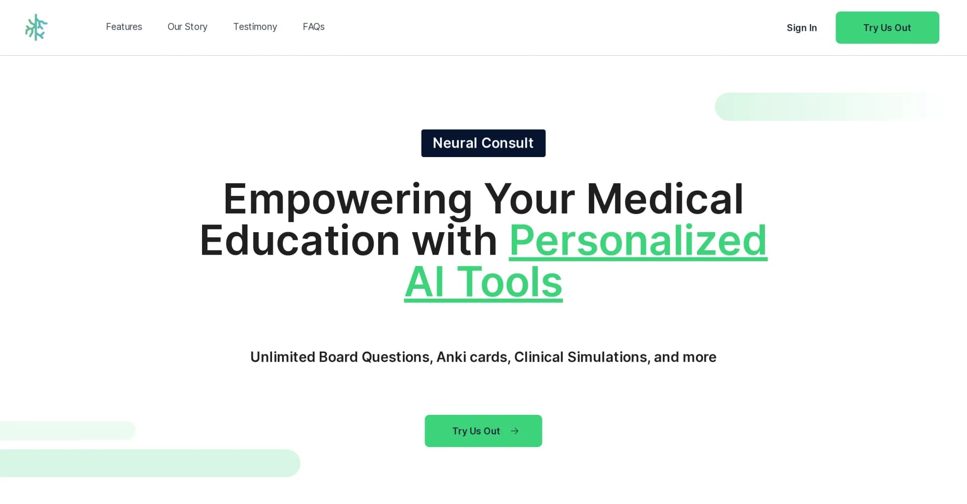 Neural Consult homepage screenshot — Empower medical education with personalized AI tools