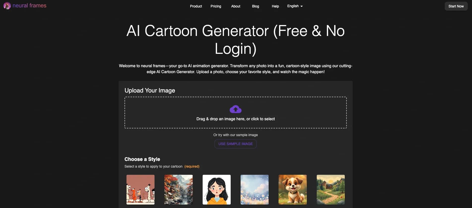 Neural Frames Cartoon Generator homepage screenshot — Transform photos into vibrant AI cartoons instantly.