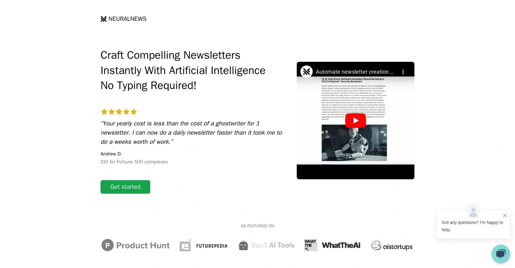 Neural Newsletters homepage screenshot — Craft compelling newsletters instantly with AI - no typing r
