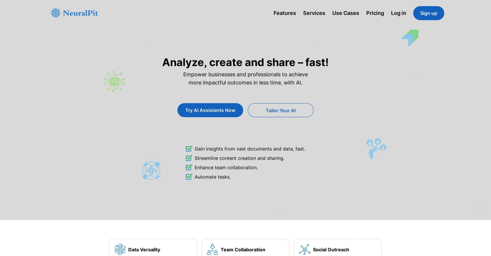 NeuralPit homepage screenshot — Empower businesses with AI for impactful outcomes, faster.