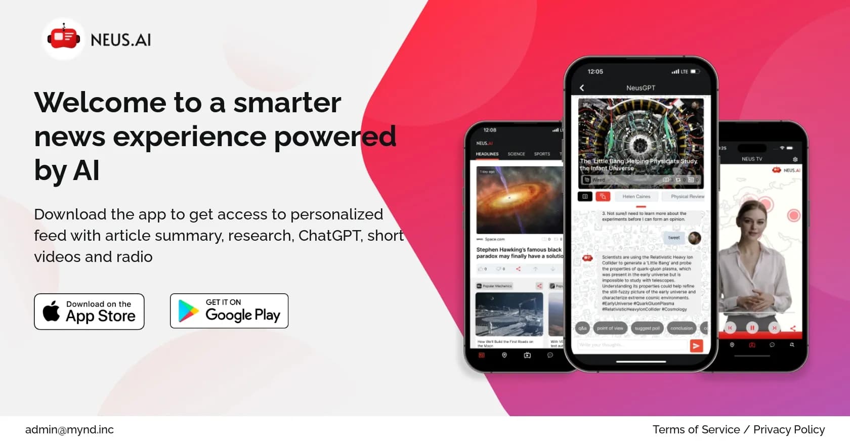Neus.ai homepage screenshot — AI-powered news: personalized, summarized, interactive.