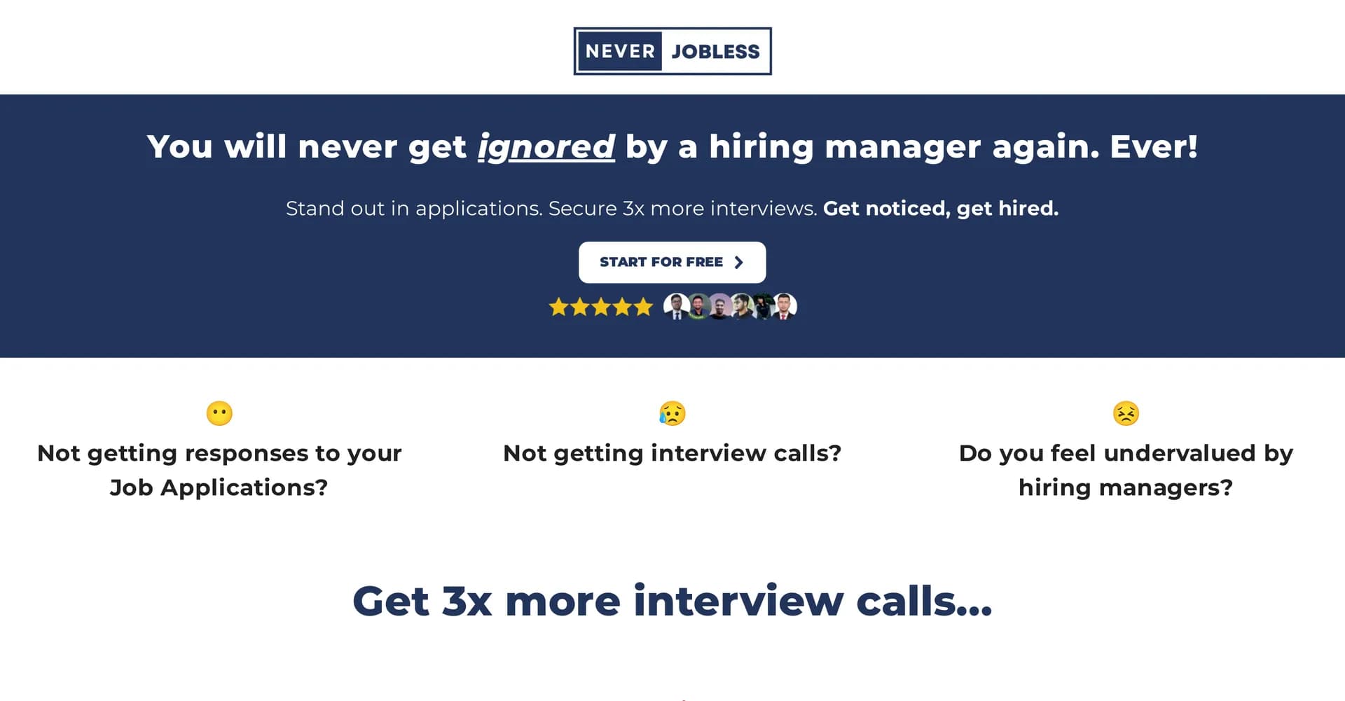 Never Jobless homepage screenshot — Land your dream job with effective LinkedIn messages.