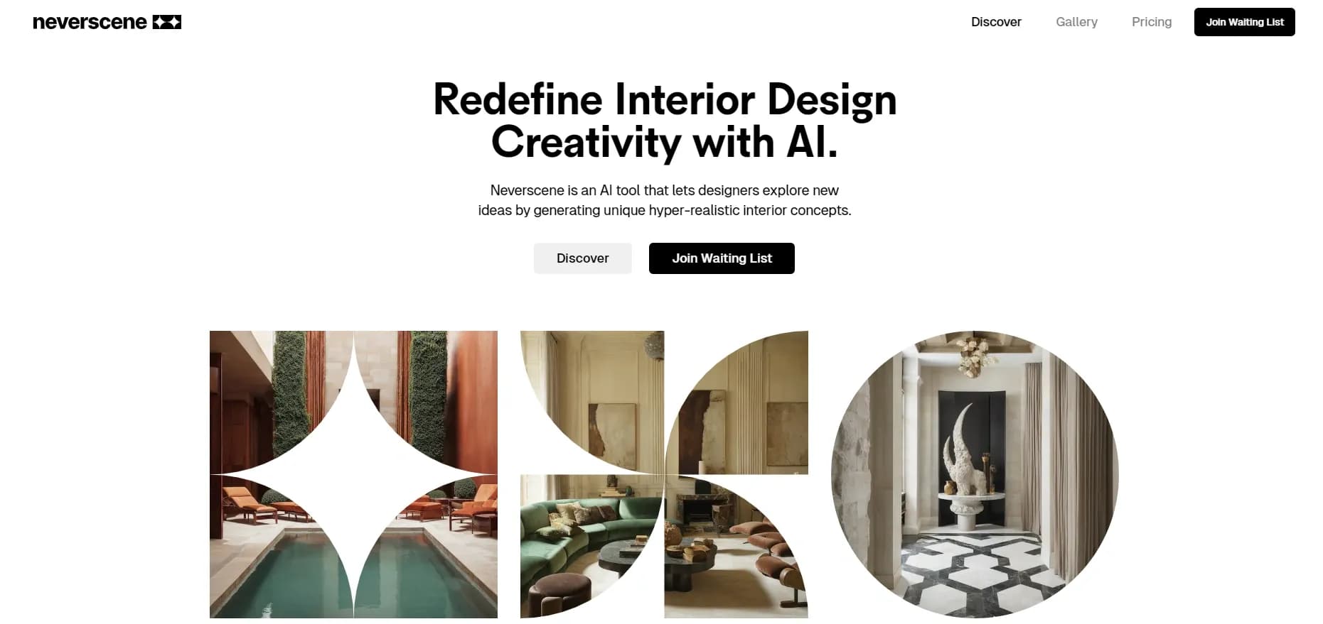 Neverscene homepage screenshot — Generate hyper-realistic interior concepts with AI.