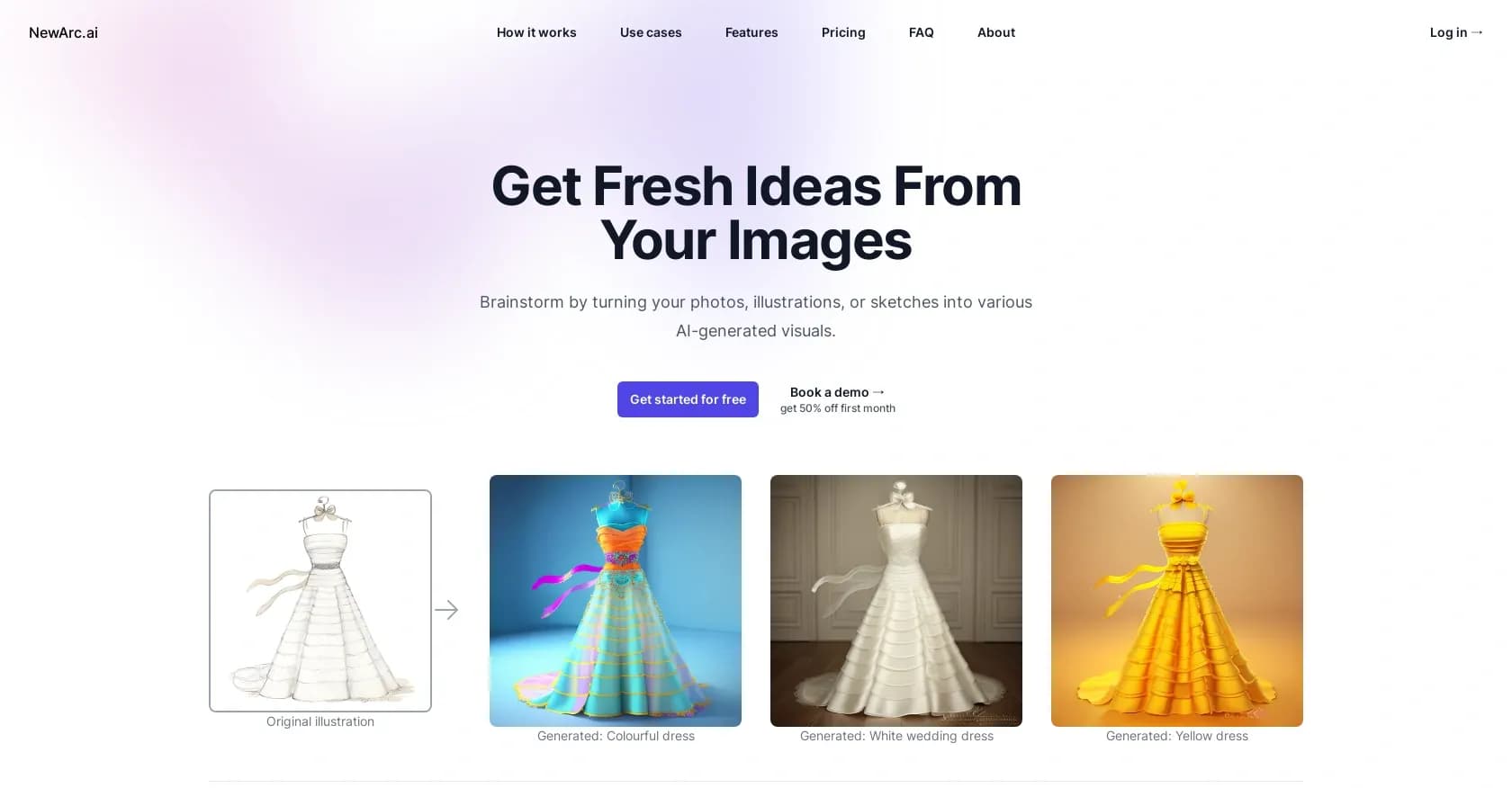 NewArc homepage screenshot — Turn images into AI-generated design concepts.