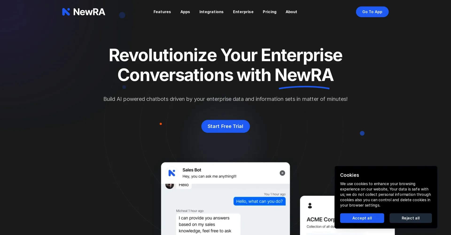 NewRA homepage screenshot — Build AI chatbots with enterprise data in minutes.