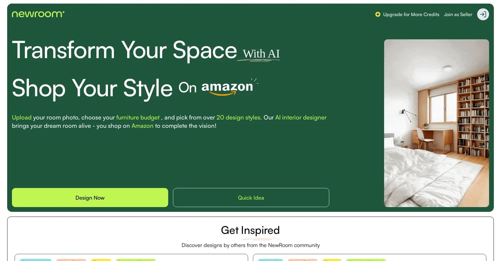 Newroom homepage screenshot — Design rooms with AI, shop on Amazon.