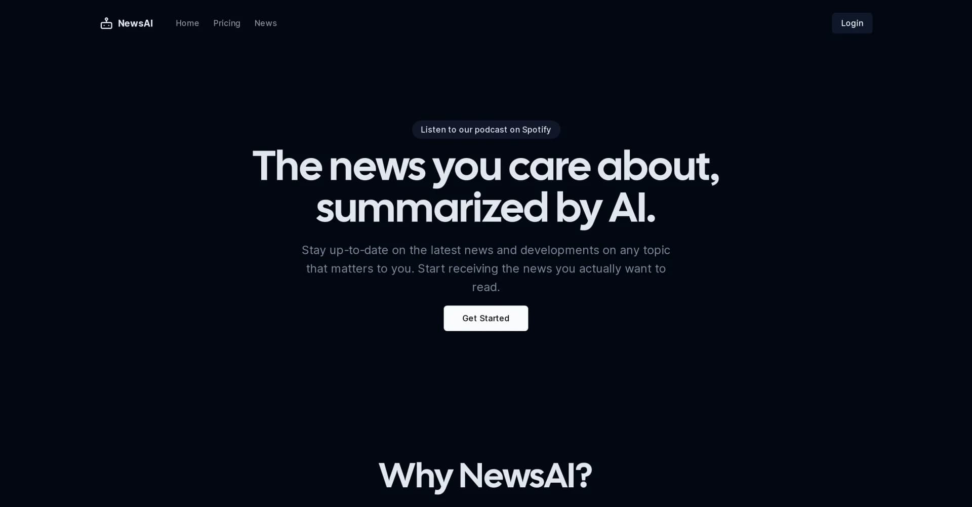 NewsAI.me homepage screenshot — Get personalized news summaries powered by AI