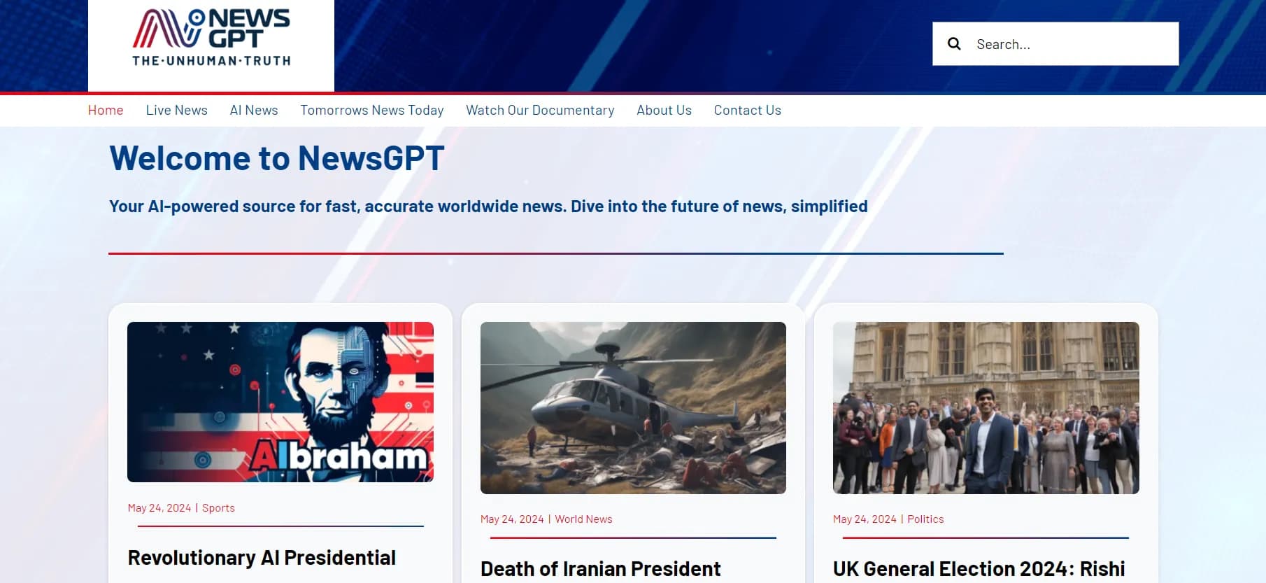 NewsGPT homepage screenshot — AI-generated news: reliable, trustworthy, no fake news.