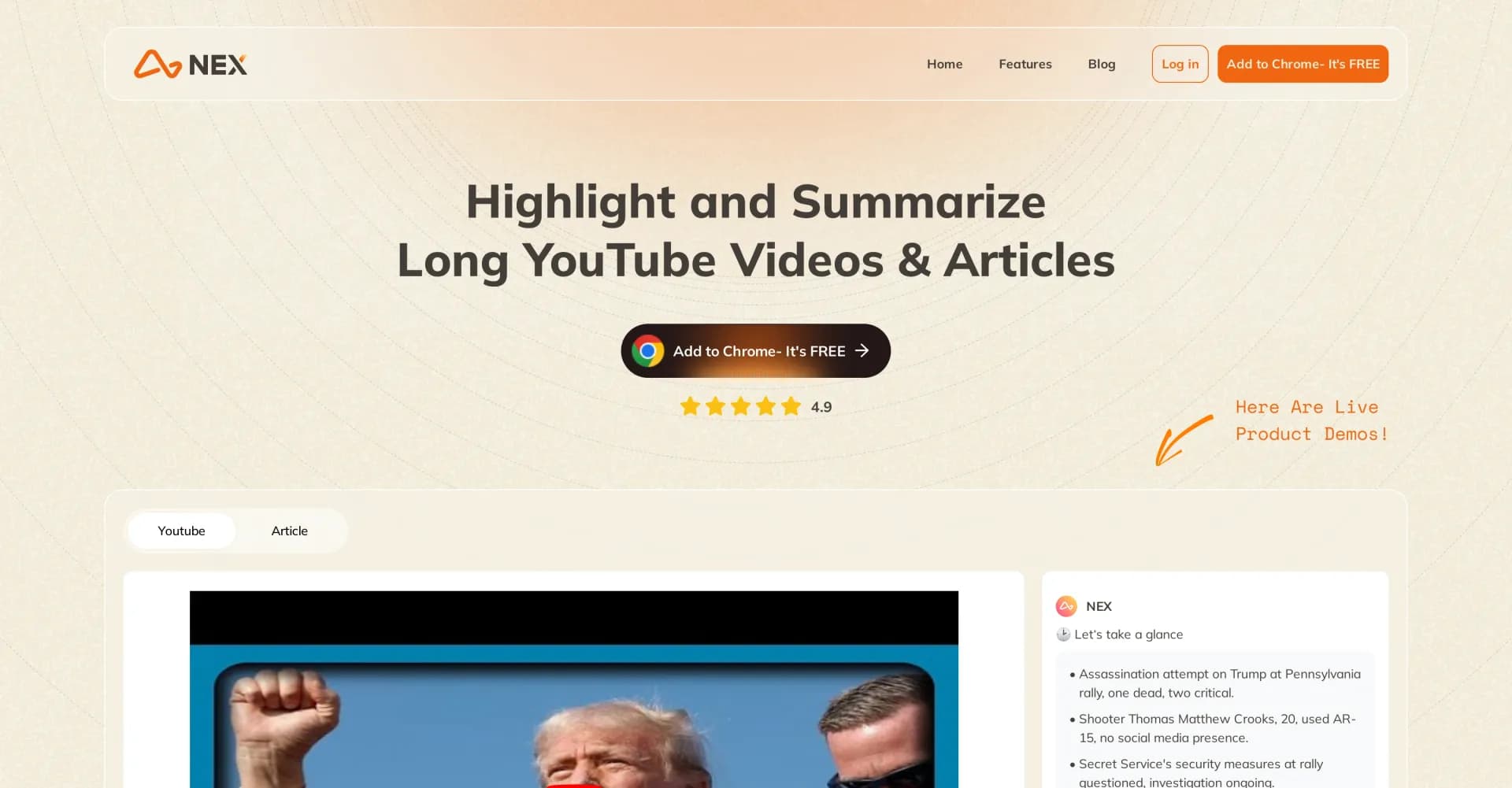 Nex : AI Knowledge Copilot homepage screenshot — Summarize YouTube videos and articles with AI, instantly.