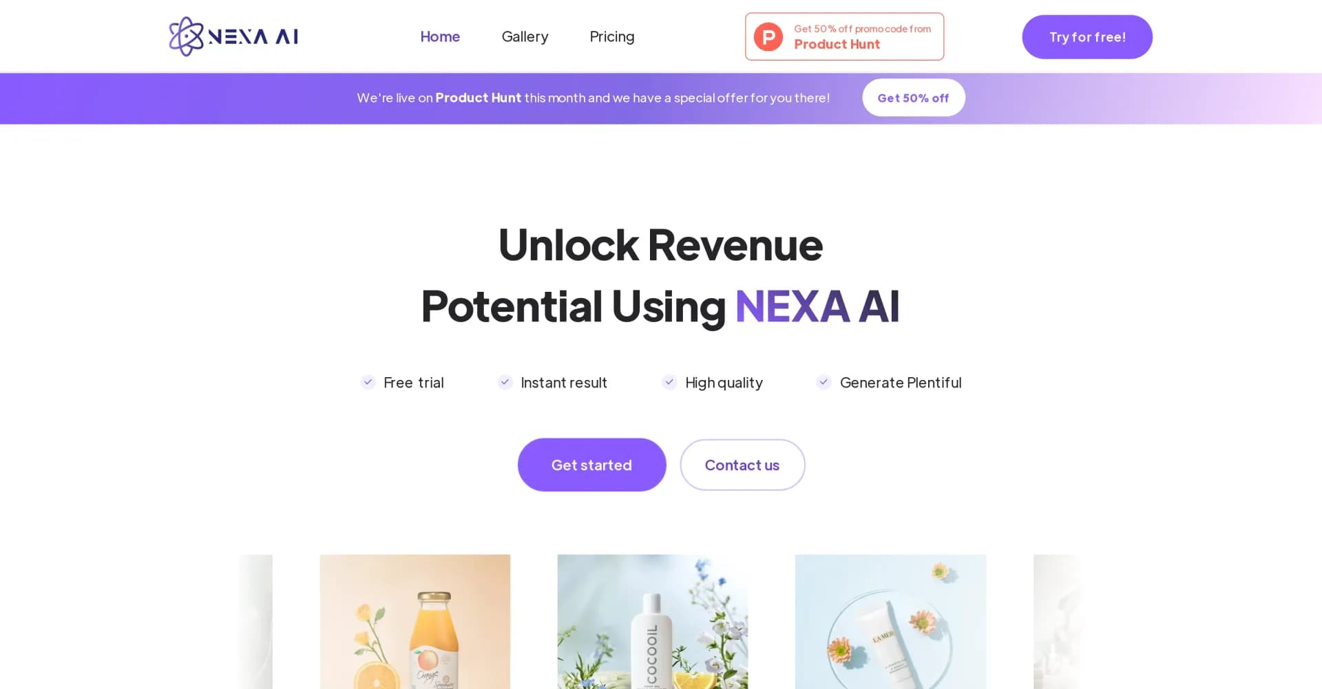 Nexa4AI homepage screenshot — Generate high-quality AI product images