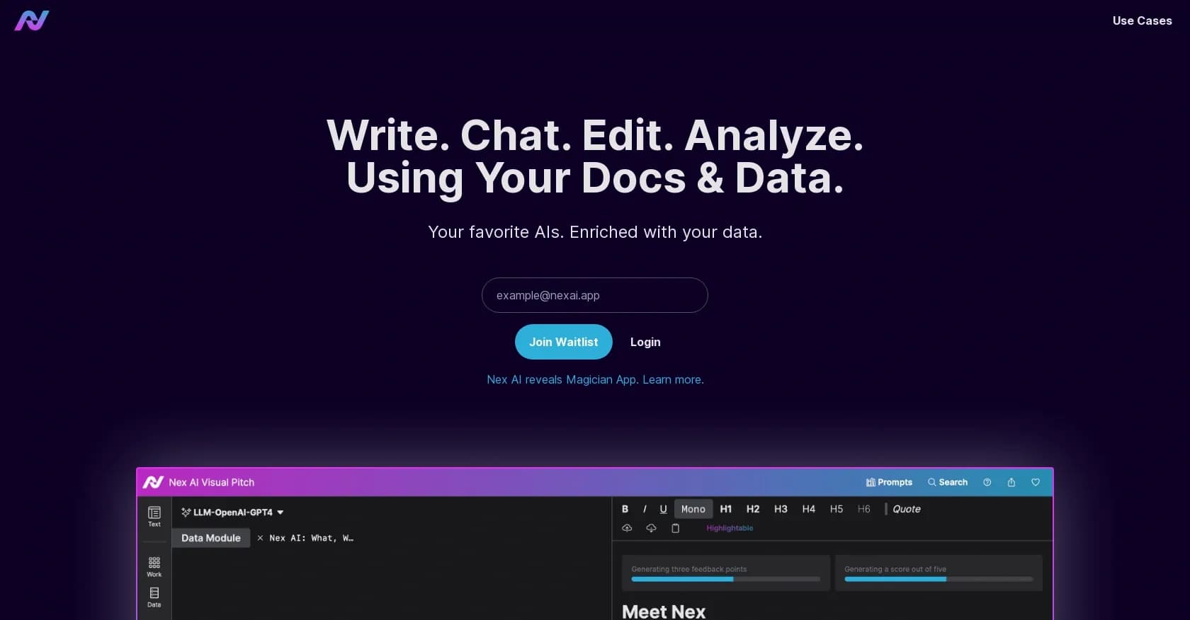 NexAI homepage screenshot — Write, chat, edit, and analyze using AI enriched with your d