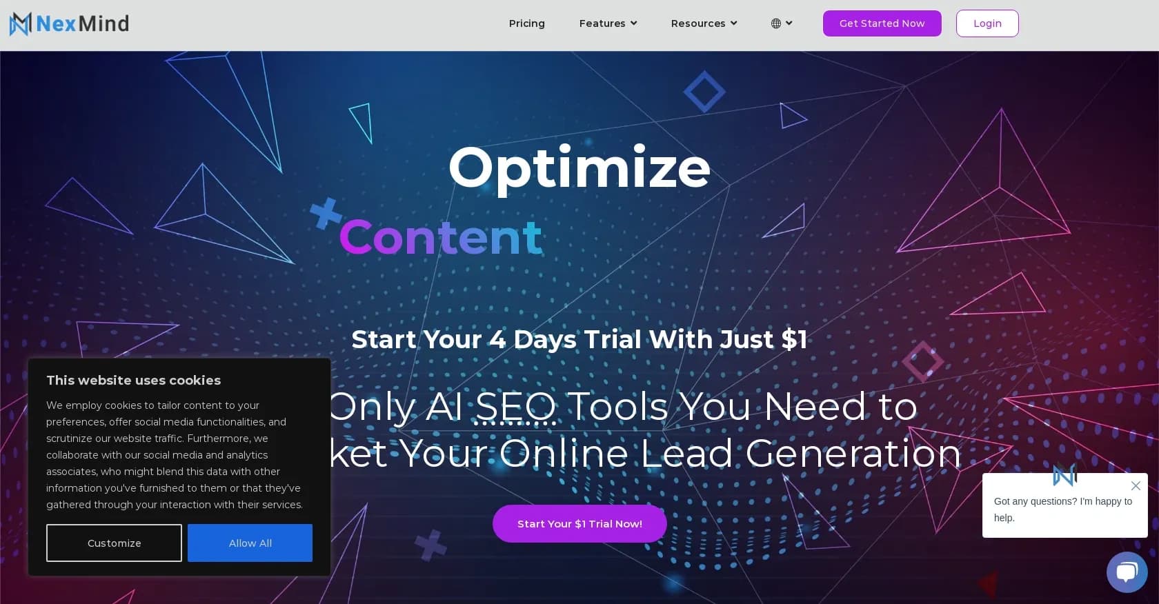 Nexmind homepage screenshot — Boost SEO with AI-powered content and optimization tools.